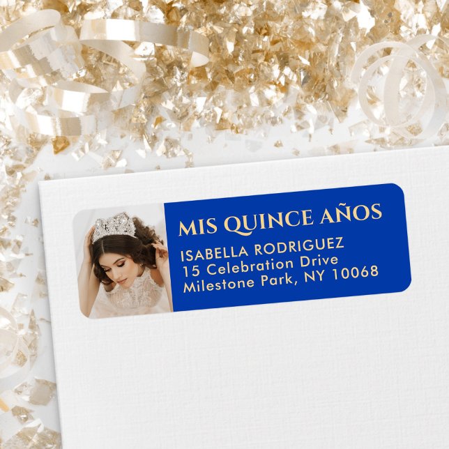 Etiqueta Quinceañera Foto Royal Blue & Dourado Endereço de  (Criador carregado)