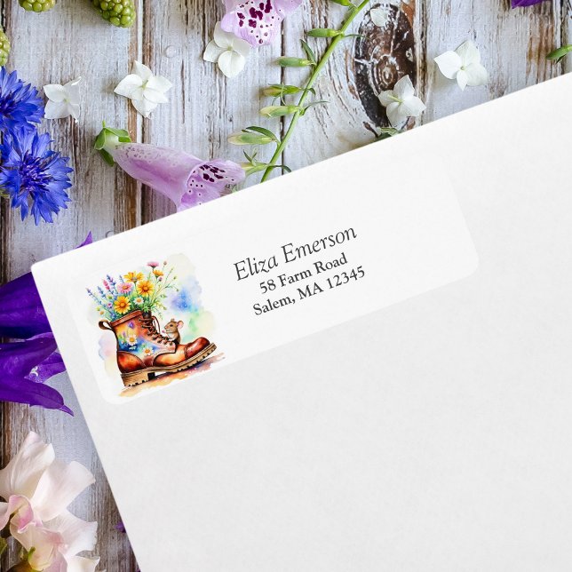 Etiqueta Rato De Aquarela Com Boot De Flor Selvagem (A lovely country themed return  address label that was created by ai artwork.)