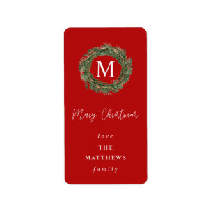 Etiqueta Red 2 e Wreath Monogramas Merry Christmas Label