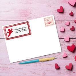 Etiqueta Red and White Plaid Gingham Valentine Cupid