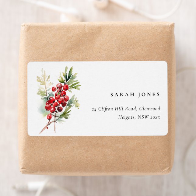 Etiqueta Red Berry Fir Winter Christmas Foliage Endereço (Insitu)