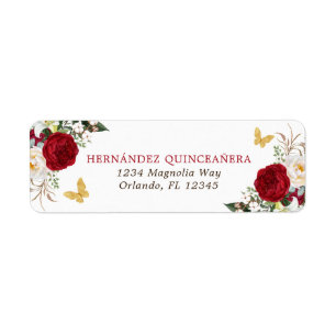 Etiqueta Red Dourada Floral Quinceañera Endereço de Devoluç