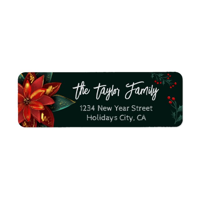 Etiqueta Red Green Floral Christmas Wreath poinsettia (Frente)