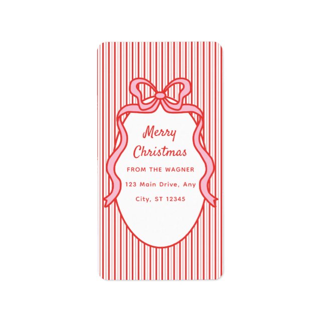 Etiqueta Red Pink Stripes & Bow Frame Christmas  (Frente)