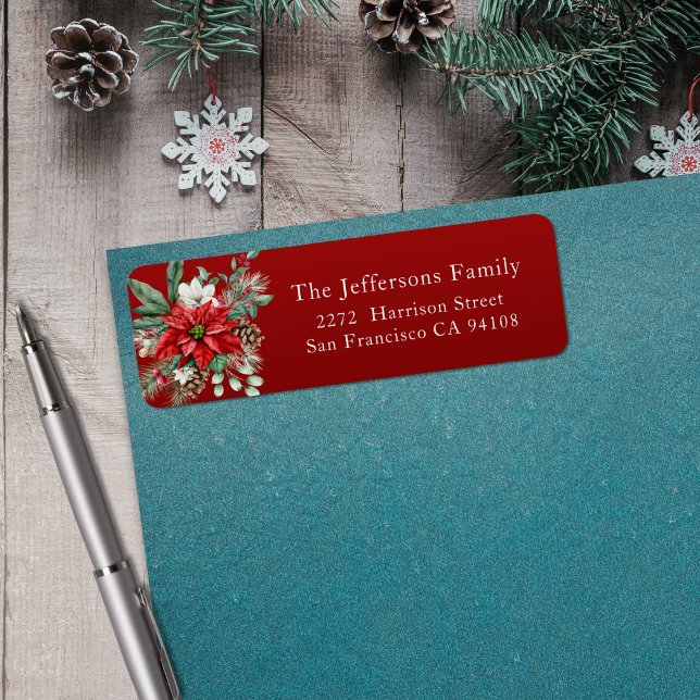 Etiqueta Red Poinsettia Endereço de Natal (Red Poinsettia Christmas Address Label)
