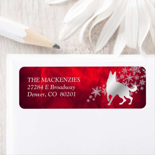 Etiqueta Red Silver Winter German shepherd Dog Endereço (Insitu)