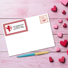 Etiqueta Red & White Plaid Gingham Valentine Cupid & Bow