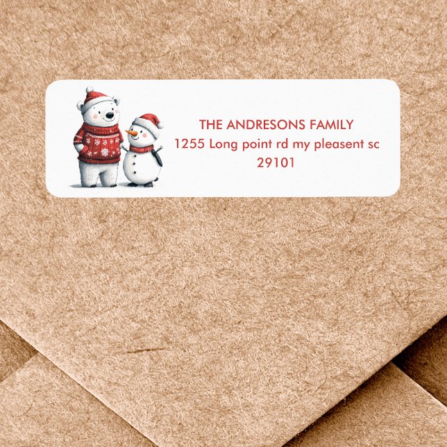 Etiqueta Red Winter Bear & Snowmen | Wonderland (Criador carregado)