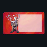 Etiqueta Reindeer Christmas On Green<br><div class="desc">Os presentes de Natal, Camisetas e Acessórios da Parada Animal Reindeer Festivo apresentam o nosso trabalho de arte divertido de uma rena fofa decolada num chapéu vermelho de Papai Noel que se encontra numa paisagem nevada do Polo Norte contra um céu noturno estrelado azul-escuro, texturizado, pintado pelo nosso talentoso ilustrador...</div>