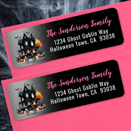 Etiqueta Residência de Halloween Rosa Assombrada