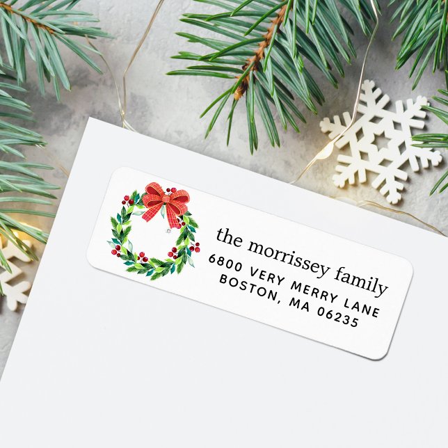Etiqueta Retorno do Aro de Feriado de Aquarela de Frutas e  (Watercolor Holiday Berry and Holly Wreath Return Label)