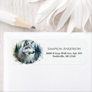 Etiqueta Retrato de Lobo Cinzento Floresta de Madeira do No