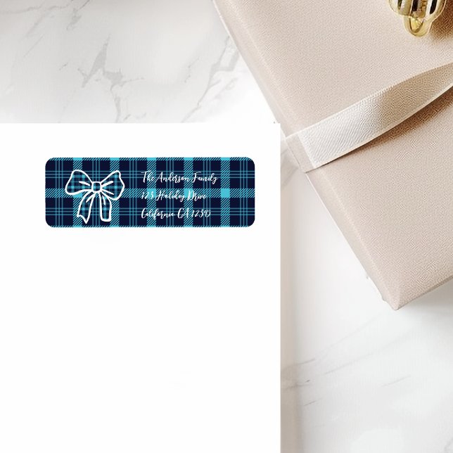 Etiqueta Retro Blue Plaid Whimsical Christmas  (Criador carregado)