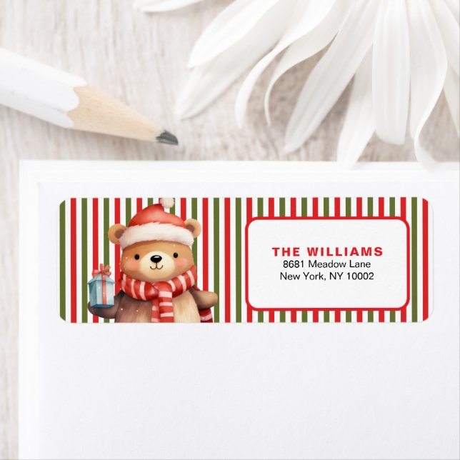 Etiqueta Retro Christmas Stripe Pattern & Teddy Bear Custom (Insitu)
