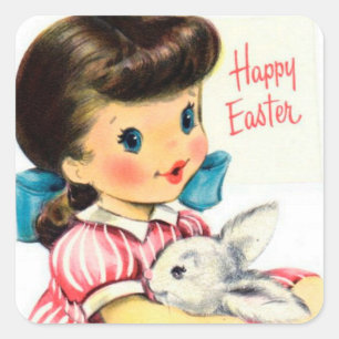 Etiqueta retro do coelho da menina da páscoa do