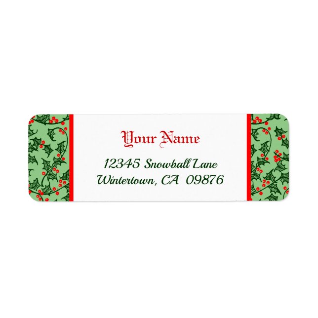 Etiqueta Retro Holly com Red Berries sobre Verde Editável (Frente)