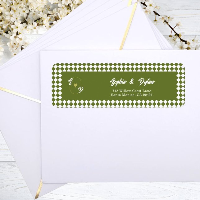 Etiqueta Retro Olive Green Monogram Initial Wedding Address (Criador carregado)