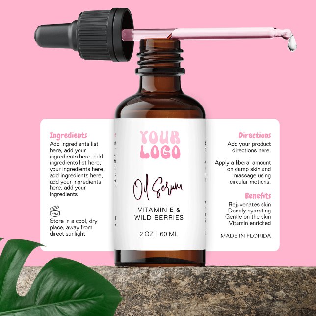 Etiqueta Retro Pink 2oz Dropper Bottle Wraparound (Trendy Retro White & Pink 2OZ* cosmetic bottle wrap around label with your logo *verify size)