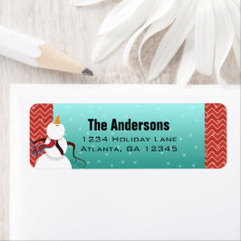 Etiqueta Retro Red Aqua Christmas Snowman Olhando estrelas