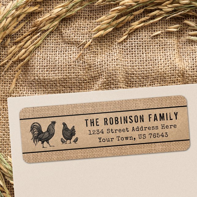 Etiqueta Rooster Hen Pintinhos Country Burlap E Kraft Estil (Choose from Return Address Labels, Shipping Labels or Standard Address Labels)