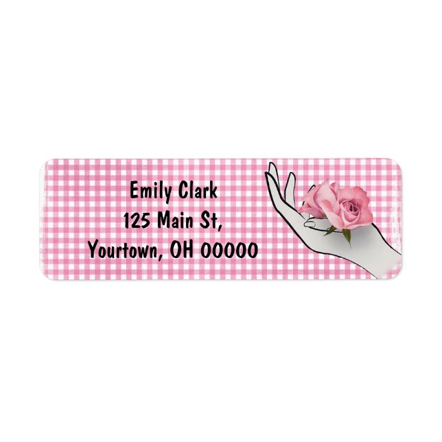 Etiqueta rosa cor-de-rosa na mão em xadrez (Frente)