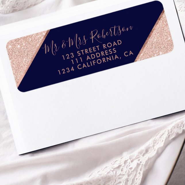 Etiqueta Rosa dourado - script ombre marinho casamento azul (Rose gold glitter ombre script navy blue wedding label)