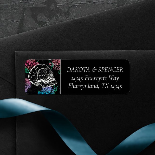 Etiqueta Rosa Dusty do Crânio | Endereço rosa e azul (Criador carregado)