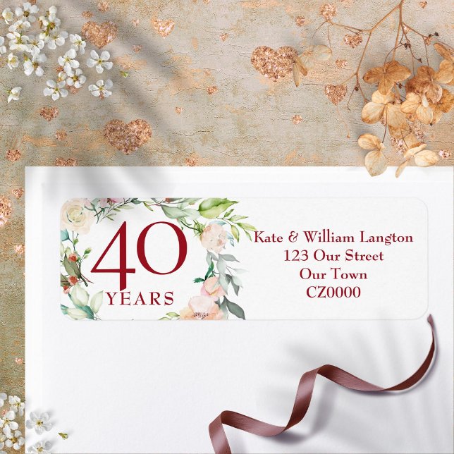 Etiqueta Rosa Floral 40º Aniversário de Casamento Ruby (Roses Floral 40th Ruby Wedding Anniversary Address Label)