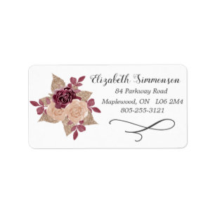 Etiqueta Rosa Floral Dourado Glitter Burgundy Endereço de R