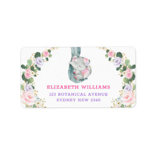 Etiqueta Rosas roxas cor-de-rosa Eefante bebê adormecido