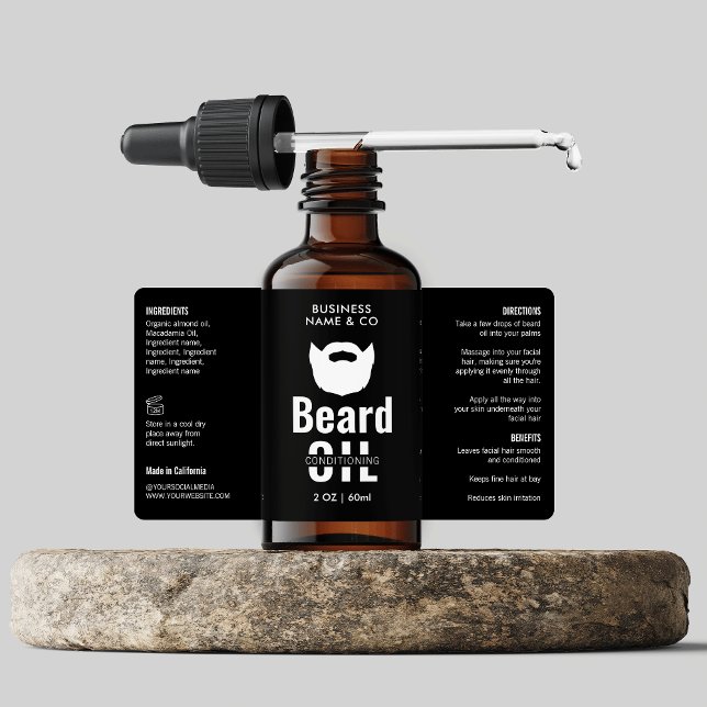 Etiqueta Rótulo da Garrafa de Óleo de Barba Negra Minimalis (Modern black and white masculine label design for 2 OZ beard oil cosmetic bottles *verify size)