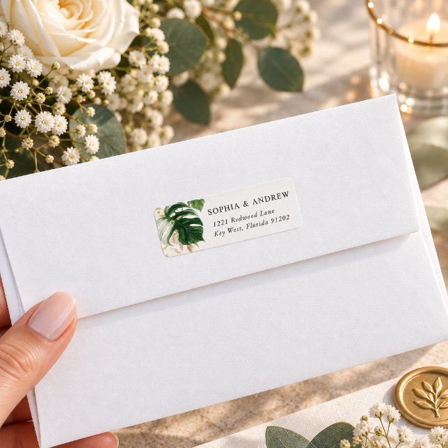 Etiqueta Rótulo de Endereço de Devolução de Folhas de Verdu (Tropical Greenery Return Address Label, watercolor monstera leaf, for wedding envelopes)
