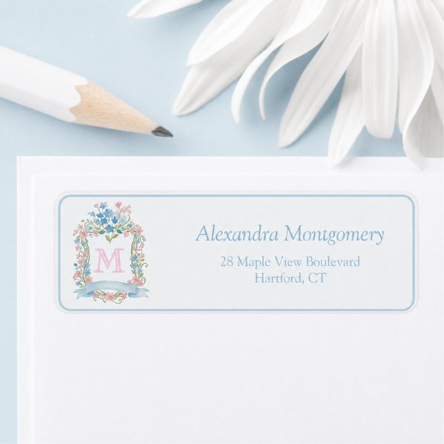 Etiqueta Rótulo de Endereço de Devolução Floral em Aquarela (personalized elegant girly grandmillennial vintage floral crest monogram return address label)