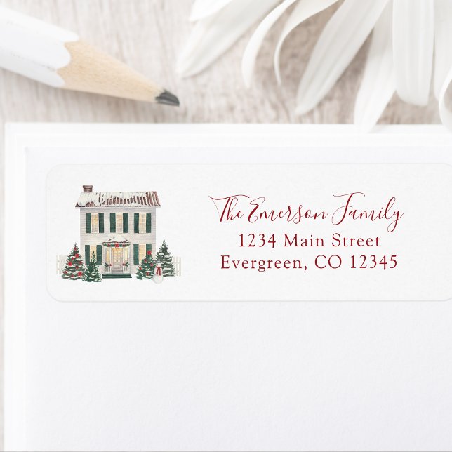 Etiqueta Rótulo de Endereço de Retorno de Casa (Watercolor Christmas Colonial House Personalized Return Address Label by Painted Paperie
)