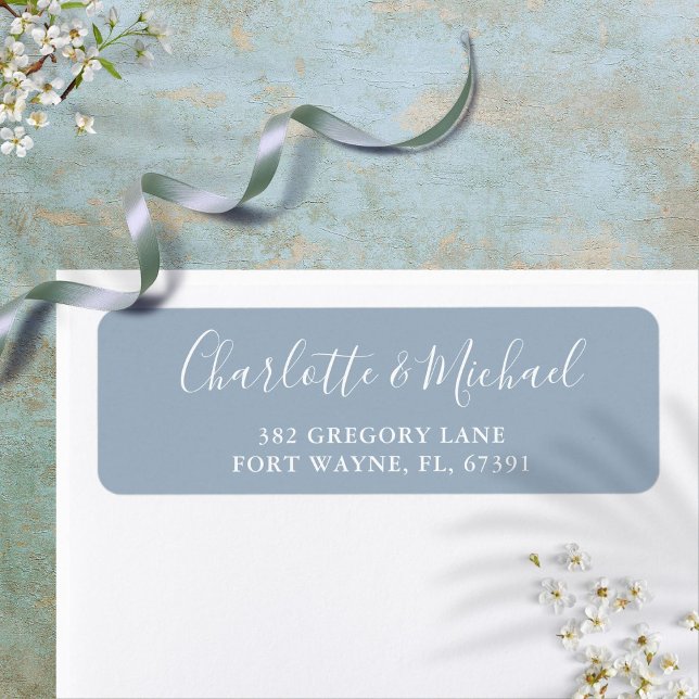 Etiqueta Rótulo de Endereço de Retorno de Casamento em Azul (Signature Script Dusty Blue Wedding Return Address Label)