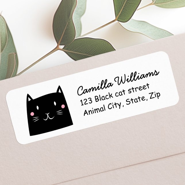 Etiqueta Rótulo de endereço de retorno de gato preto (Cute black cat return address label)