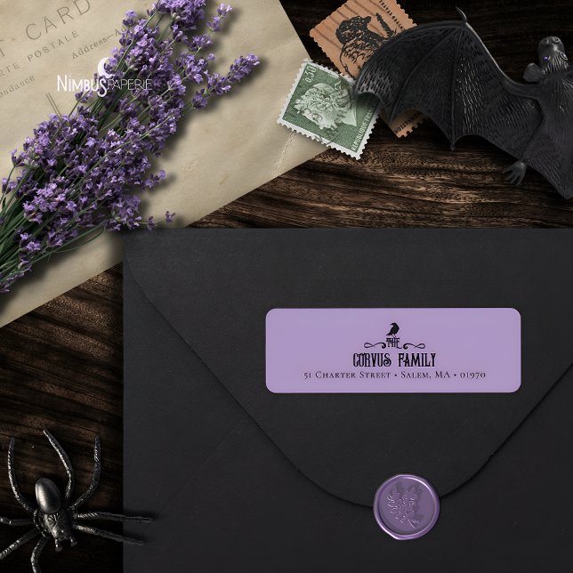 Etiqueta Rótulo de Endereço Elegant Gothic Raven Lavanda (Criador carregado)