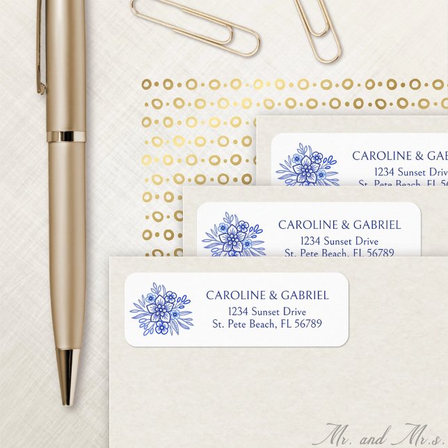 Etiqueta Rótulo de Endereço Floral Francês Azul (Criador carregado)