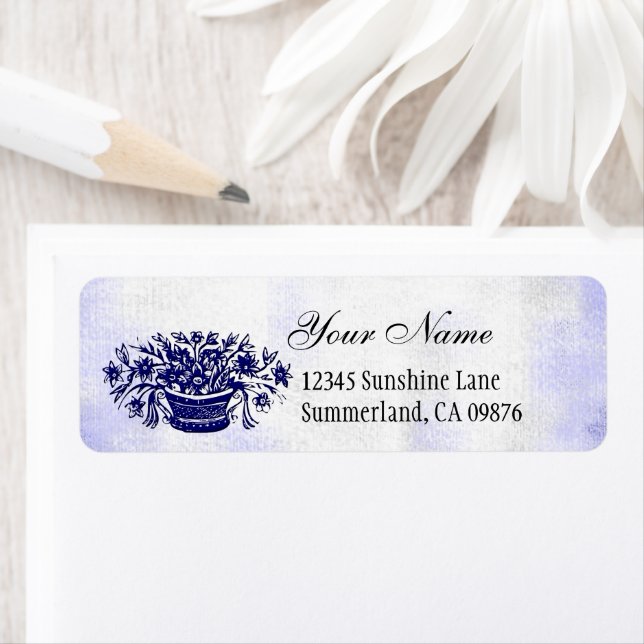 Etiqueta Rótulo de Endereço Personalizado com Flores Azuis  (Insitu)