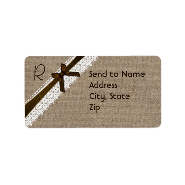 Etiqueta Rótulo de Endereço Rustic Burlap e Lace Monogramti (Frente)