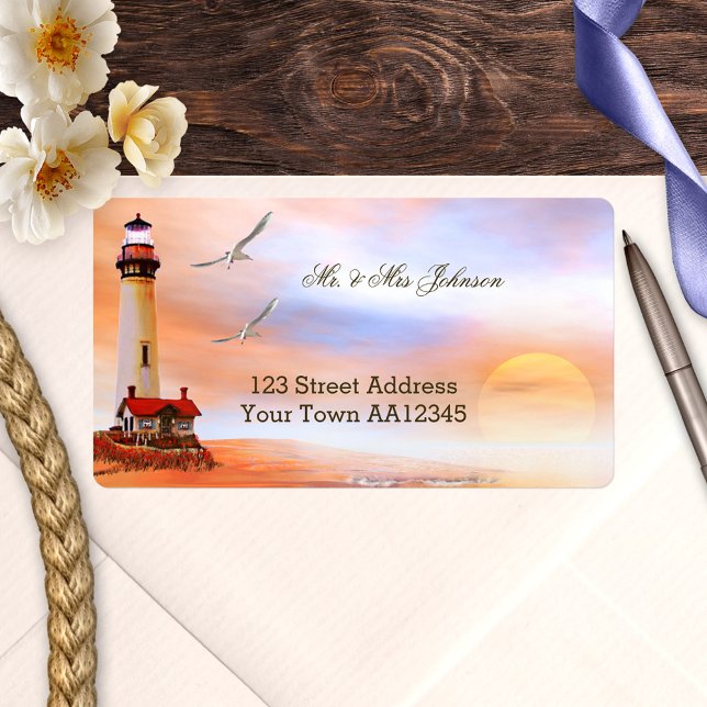 Etiqueta Rótulo de Endereço Sunset do Farol (Wedding address label with a painting of a lighthouse at sunset)