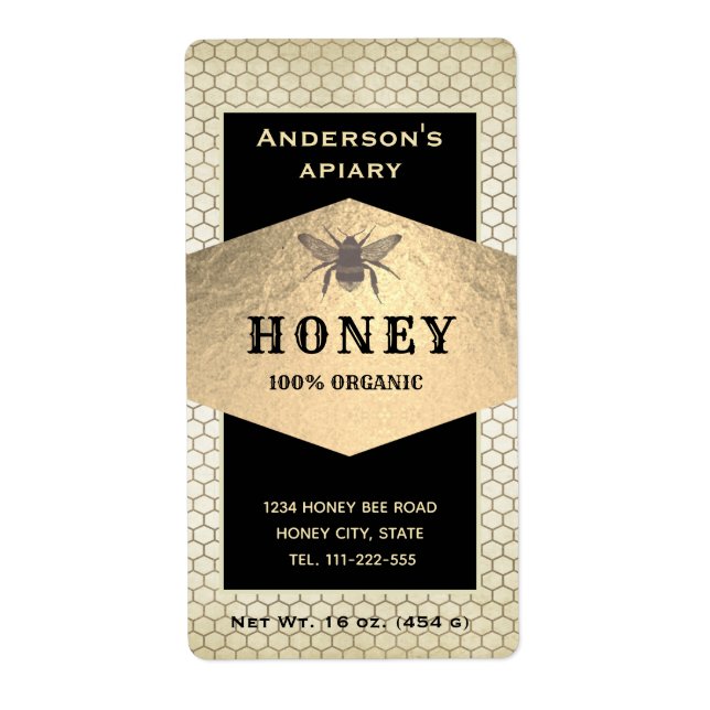 Etiqueta Rótulo de frasco de mel de abelha de ouro rústico  (Frente)