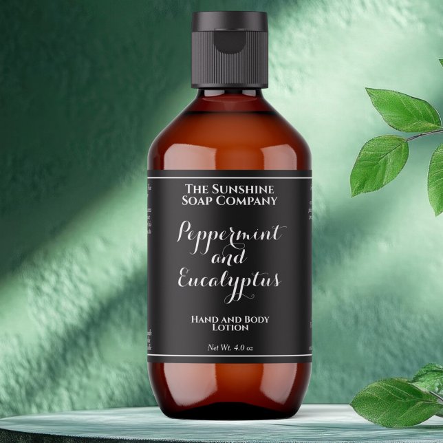 Etiqueta Rótulo de garrafa de cosméticos com texto branco e (Criador carregado)