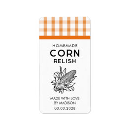 Etiqueta Rótulo de relish de milho com espiga e padrão xadr