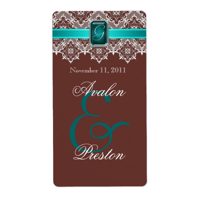 Etiqueta Rótulo de Vinho de Casamento de Teal & Brown Lace (Frente)