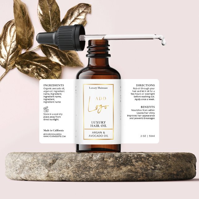 Etiqueta Rótulo do Frasco do Estropo do Cabelo Dourado Eleg (Elevate your cosmetic bottles with this elegant white & gold wrapper label design)