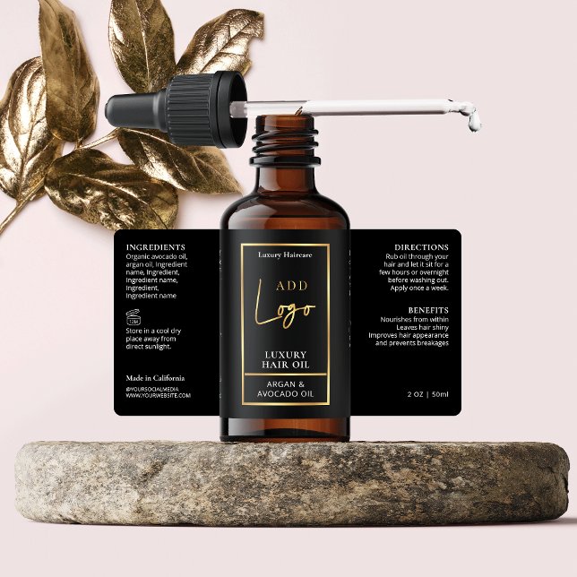 Etiqueta Rótulo do Frasco do Óleo de Cabelo Preto e Dourado (Elevate your cosmetic bottles with this elegant black & gold dropper bottle wrap around label)