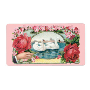 Etiqueta Rótulo Grande de Swans e Rosas Vintage Art