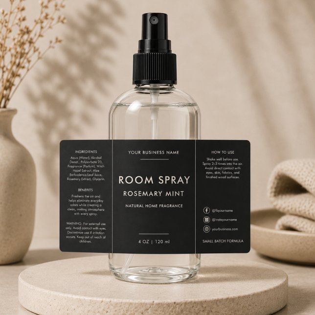 Etiqueta Rótulo Moderno de Frasco de Spray de Sala Preto (Criador carregado)