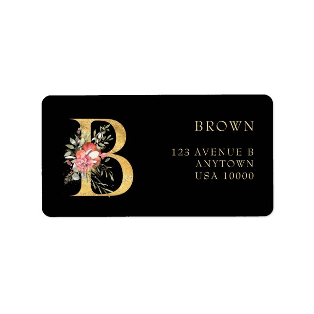 Etiqueta Rótulo Monograma B Classy Gold com Florais Rosa (Frente)